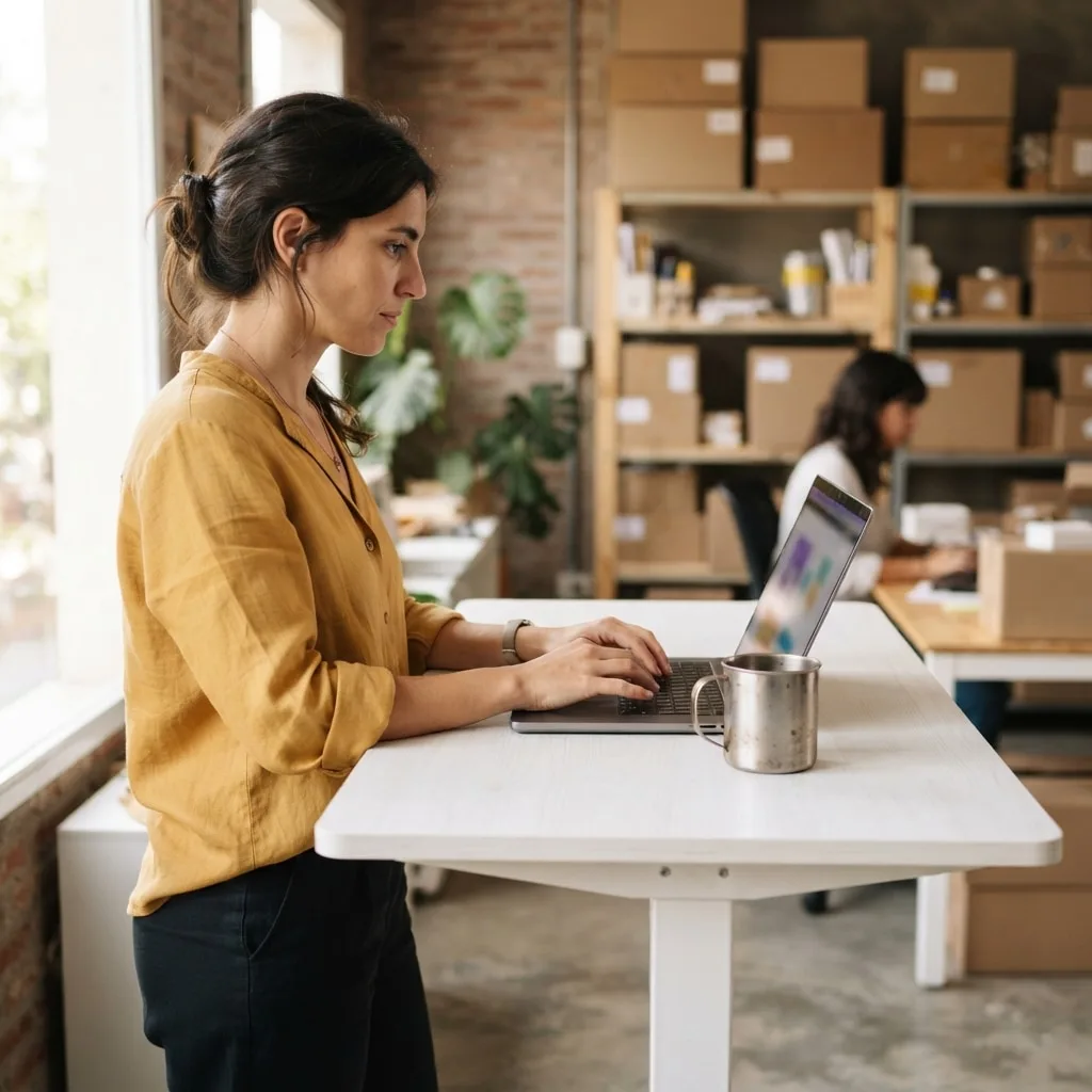Una vendedora trabaja en su notebook en el depósito de su tienda online