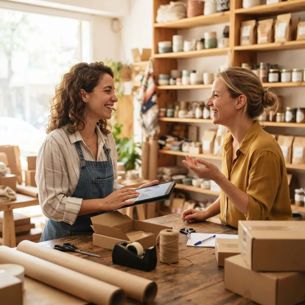 Dos socias de una tienda online conversan junto a la mesa de embalaje